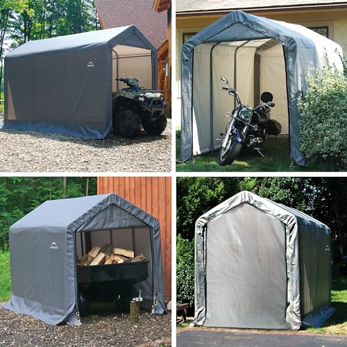 ShelterLogic 10 x 10 Shed-in-a-Box All Season Steel Round Roof Outdoor Storage Shed with Waterproof Cover, Grey S288
