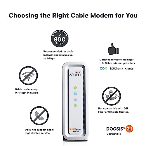 ARRIS SB8200 Cable Modem DOCSIS 3.1, Approved for Comcast Xfinity, Cox & Spectrum O330160