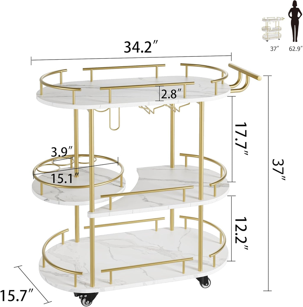 GAOMON Gold 3-Tier Rotating Bar Cart with Wheels and Wine Rack Y344690