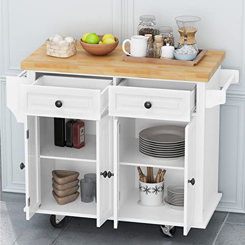 Kitchen Island Cart on Wheels with Wood Top and Drop Leaf Breakfast Bar, Rolling Kitchen Trolley with 2-Door Storage Cabinet, 3 Drawers, Towel and Spice Rack 43.31"x16.93"x36.02", White
