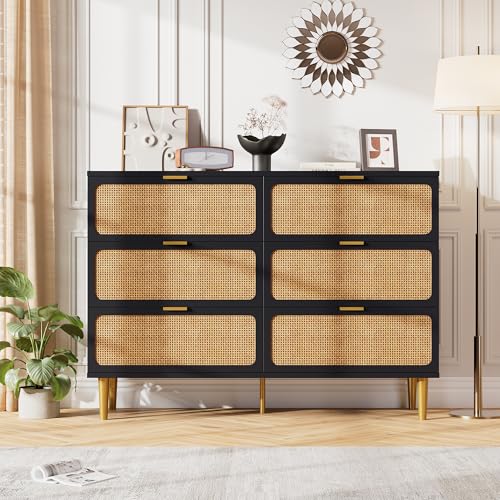 Rattan 5 Drawer Tall Dresser for Bedroom, Black V99880
