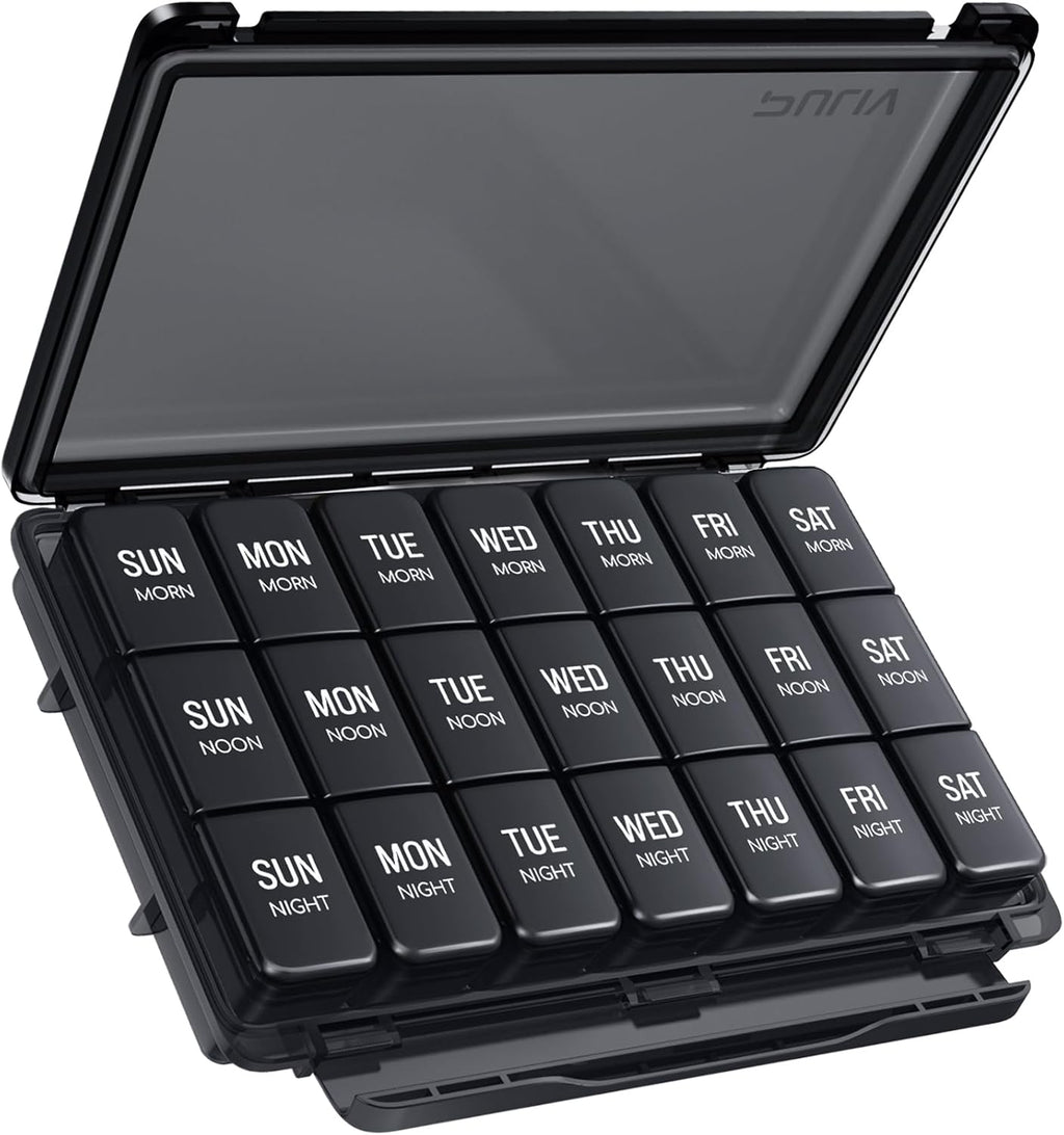 PULIV Pill Organizer 3 Times a Day, Pill Box 7 Day with Moisture-Against Design, Black Weekly Pill Case for Light-Proof & Privacy Protection, Large Pill Container for Fish Oils, Vitamins, Supplements