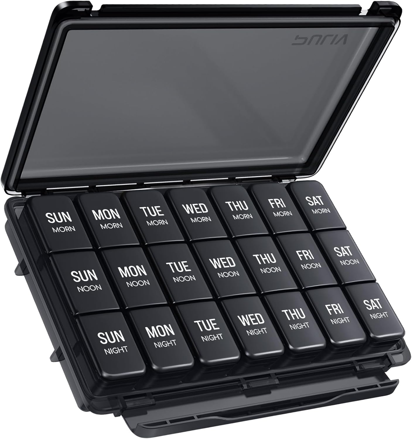 PULIV Pill Organizer 3 Times a Day, Pill Box 7 Day with Moisture-Against Design, Black Weekly Pill Case for Light-Proof & Privacy Protection, Large Pill Container for Fish Oils, Vitamins, Supplements