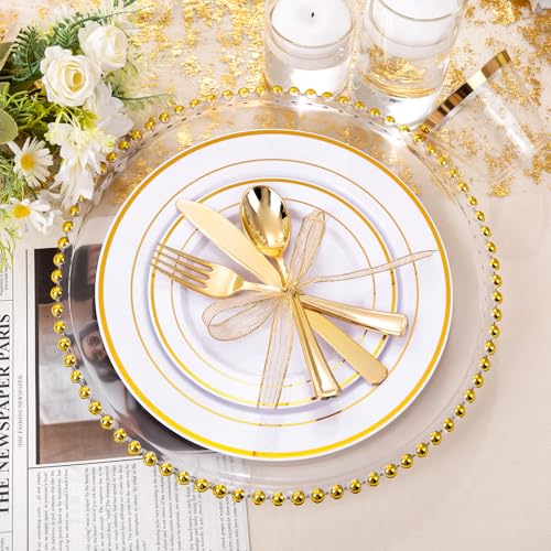 bUCLA 300PCS Gold Disposable Dinnerware Set - White and Gold Plastic Plates for Party S185