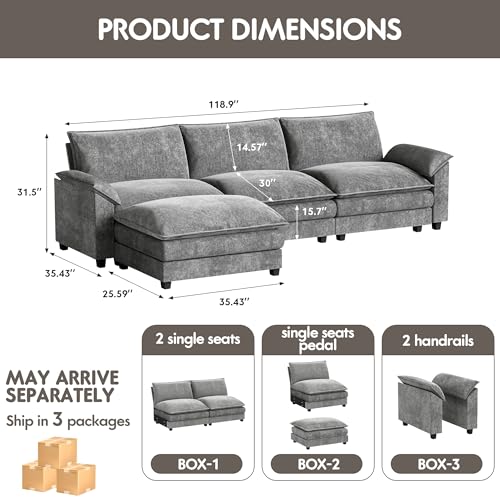 Homall 119" Modular Sectional Sofa with Reversible Ottoman, Light Grey V97154