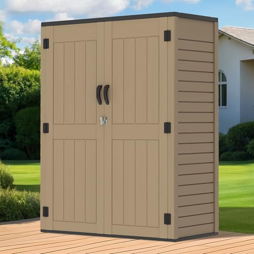 GOOBED Vertical Outdoor Storage Shed, 59 cu ft Lockable Waterproof Tool Organizer, Brown L70366