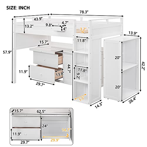 BIADNBZ Double Twin Loft Bed with Wardrobes and Storage Stair, Wooden Frame, White S4663