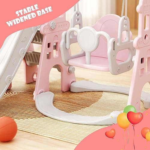 67i Toddler Swing and Slide Set 5 in 1 Indoor Playset with Basketball Frame (Pink) J1947