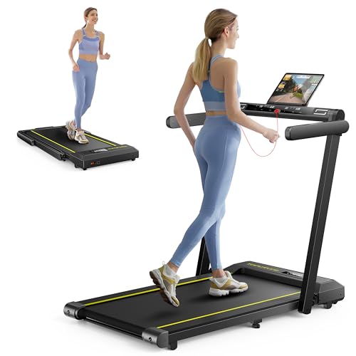 2 in 1 Folding Treadmill, 2.5HP Under Desk Treadmill Portable Walking Pad Treadmills for Home Office with Dual LED Display, Large Running Area, App & Bluetooth Speaker, 0.6-10MPH
