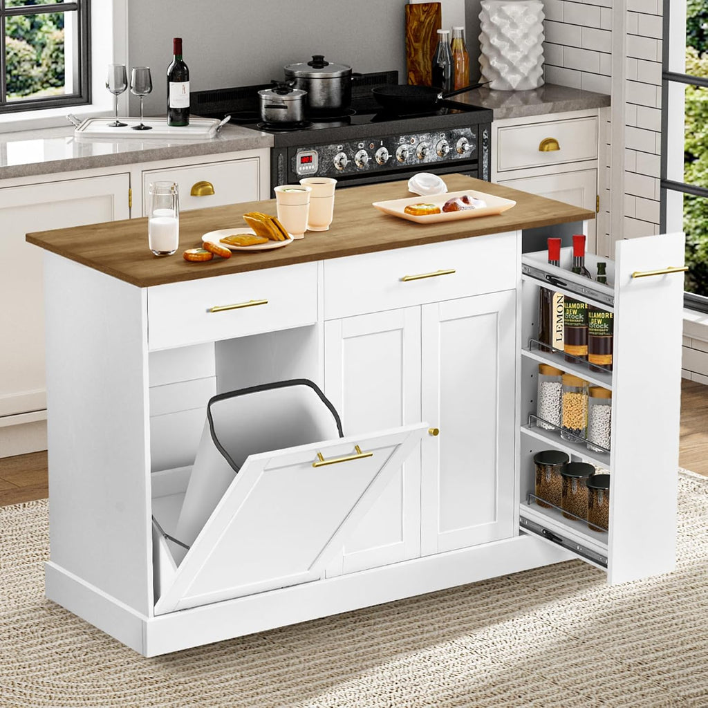 4 EVER WINNER Rolling Kitchen Island with Pull Out Spice Rack, Portable Kitchen Island Cart with Tilt Out Trash Can Cabinet, 2 Drawers, Large Kitchen Island with Storage for Kitchen, White