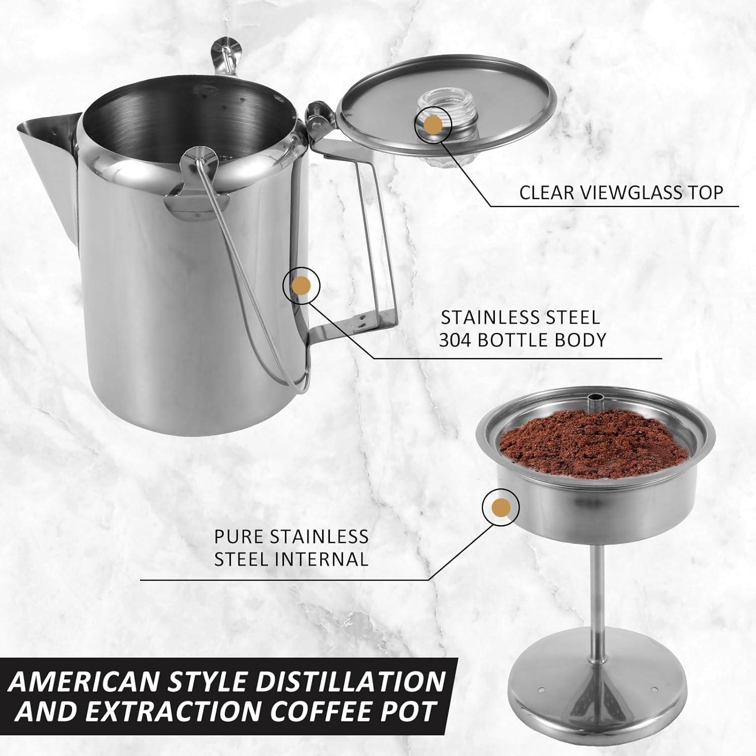 Stainless Steel Camping Coffee Pot Percolator, 9 Cups, Outdoor C108