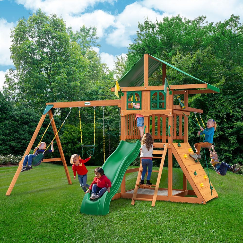 Gorilla Playsets Avalon Wooden Swing Set with Canopy, Climbing Wall and Slide K2120