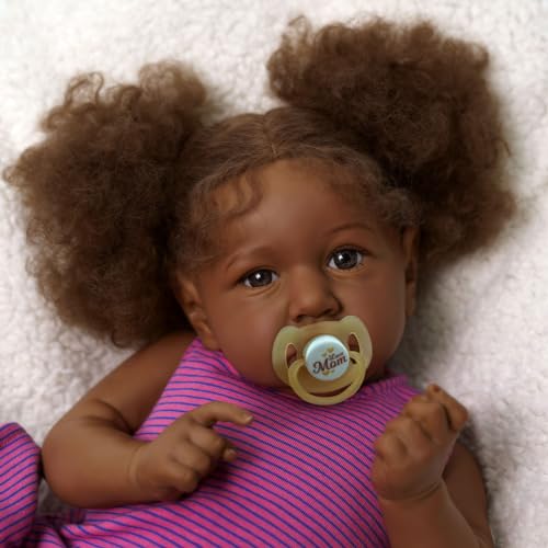 ADFO Reborn Baby Dolls Black Girl - 22 Inch Lifelike Soft Body Realistic African American Real Life Baby Dolls with Feeding Kit & Gift Box for Kids Age 3+