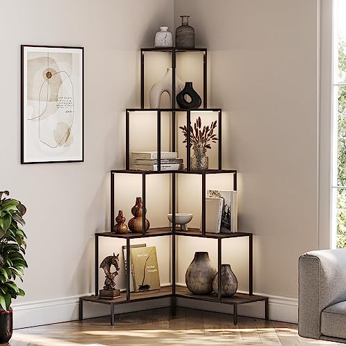 BELLEZE 5-Tier Corner Bookshelf with RGB Light, Remote Control Multiple Lighting Modes and Colors, 66" Tall L-Shaped Corner Bookcase, Storage & Display Rack for Living Room,Home and Office -Nature
