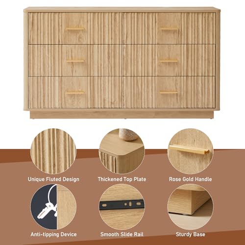 Fluted 5 Drawers Dresser for Bedroom, Wooden Tall Storage, Walnut L1075