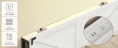 Queen Size Headboard with 2 Outlets and 4 USB Ports, LED Lights, White and Black H382
