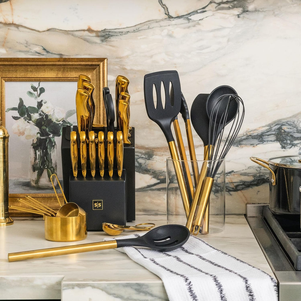 Black and Gold 20-Piece Knife Set with Block and Silicone Utensils Q8450