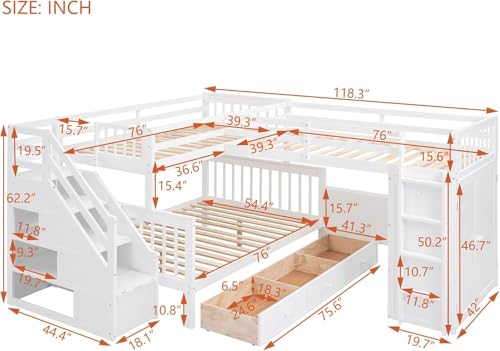 MERITLINE Twin Over Full Triple Bunk Bed with Storage Stairs, Solid Wood, Grey R998
