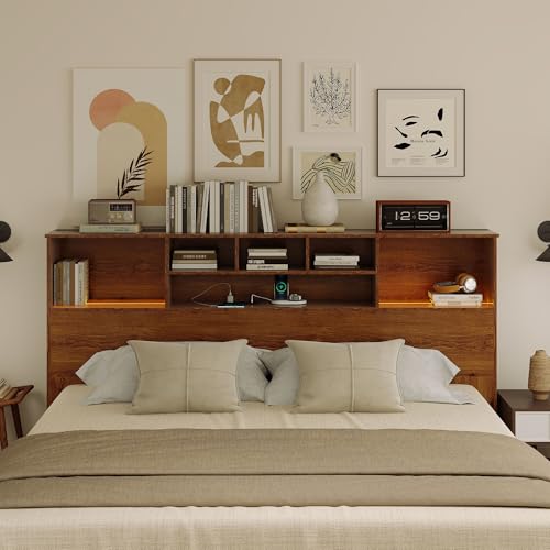 King Size Bed Headboard with LED Light and Storage Bookcase H72493