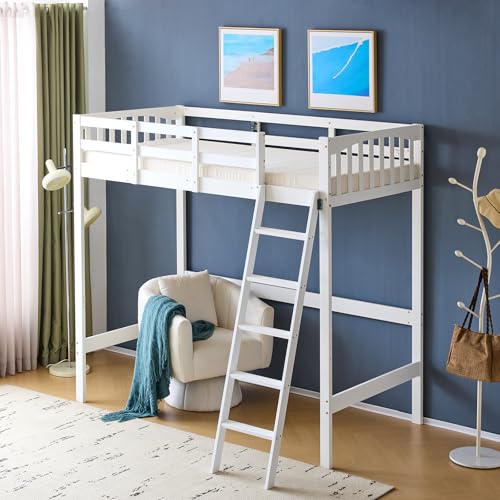 VINGLI Twin Loft Bed with L-Shaped Desk, 3 Storage Drawers, Solid Wood, White W24917