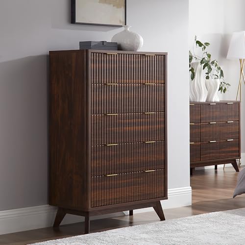 T4TREAM 5 Drawer Dresser with Faux Marble Top, Dark Grey T583