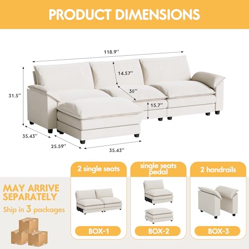 Homall 119" Modular Sectional Sofa with Reversible Ottoman, Light Grey V97154