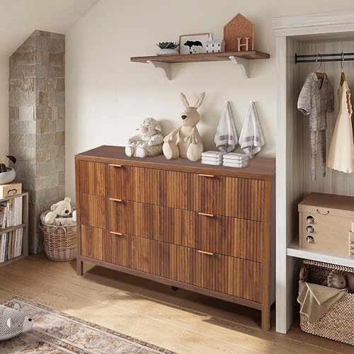Fluted 5 Drawers Dresser for Bedroom, Wooden Tall Storage, Walnut L1075