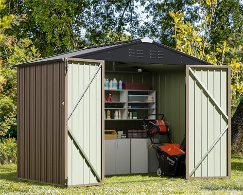 Greesum Outdoor Storage Shed 6 x 8 ft Metal Garden Utility Tool Shed with Lock, Brown U409