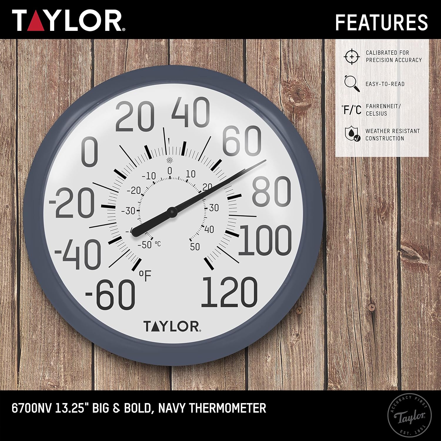 Taylor Big & Bold Wall Thermometer 13.25 Inch Navy K52205