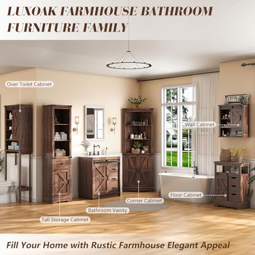 Farmhouse Over The Toilet Storage Cabinet 68" Tall with Sliding Barn Door, Rustic Oak & White E269