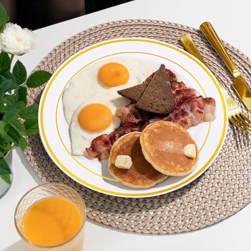 bUCLA 300PCS Gold Disposable Dinnerware Set - White and Gold Plastic Plates for Party S185