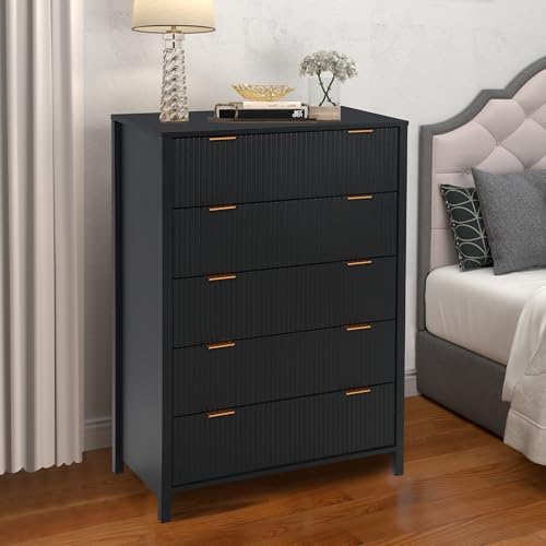 Fluted 5 Drawers Dresser for Bedroom, Wooden Tall Storage, Walnut L1075