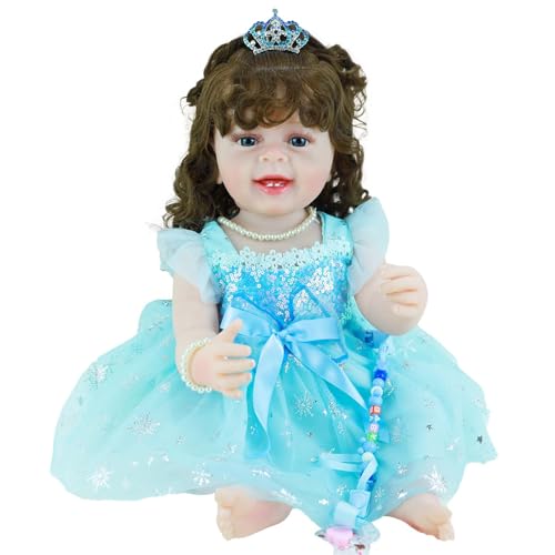 Reborn Baby Dolls Girl, 22 Inch Lifelike Reborn Toddler Dolls Full Body Vinyl Silicone with Long Hair, Beautiful Realistic Newborn Baby Doll with Feeding Toy for Kids Birthday Christmas