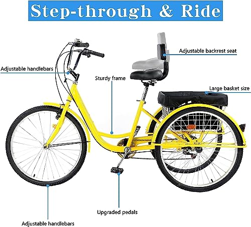 Adult Tricycle 24in 3-Wheel 7-Speed Cruiser Trike with Basket and Backrest for Seniors P61529