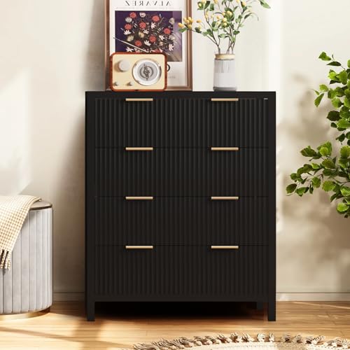 Fluted 5 Drawers Dresser for Bedroom, Wooden Tall Storage, Walnut L1075