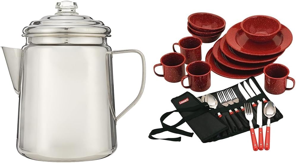 Coleman Stainless Steel Percolator Coffee Pot, 12-Cup Capacity Lightweight Coffee Percolator & 24-Piece Enamel Dinnerware Set, Durable Dishes & Utensils for Camping & Outdoor Use