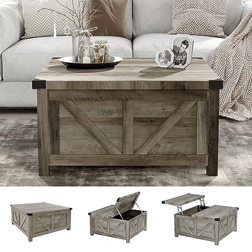 Farmhouse Lift Top Coffee Table with Storage and Charging Station, Brown J61149