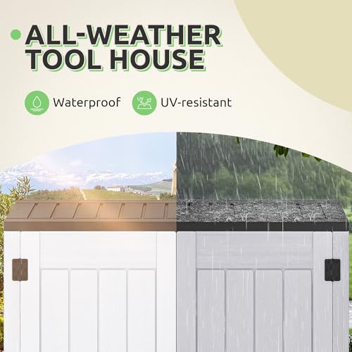 GOOBED Vertical Outdoor Storage Shed, 59 cu ft Lockable Waterproof Tool Organizer, Brown L70366