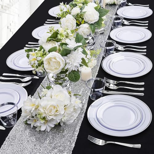 bUCLA 300PCS Gold Disposable Dinnerware Set - White and Gold Plastic Plates for Party S185