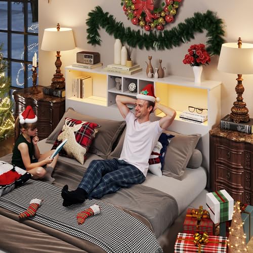 King Size Bed Headboard with LED Light and Storage Bookcase H72493