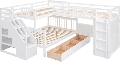 MERITLINE Twin Over Full Triple Bunk Bed with Storage Stairs, Solid Wood, Grey R998