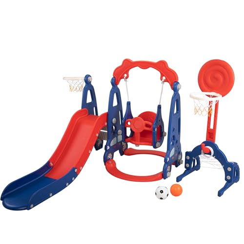 5 in 1 Toddler Slide and Swing Set for Kids Age 1-8, Indoor Outdoor Playset with Basketball Hoop O9645