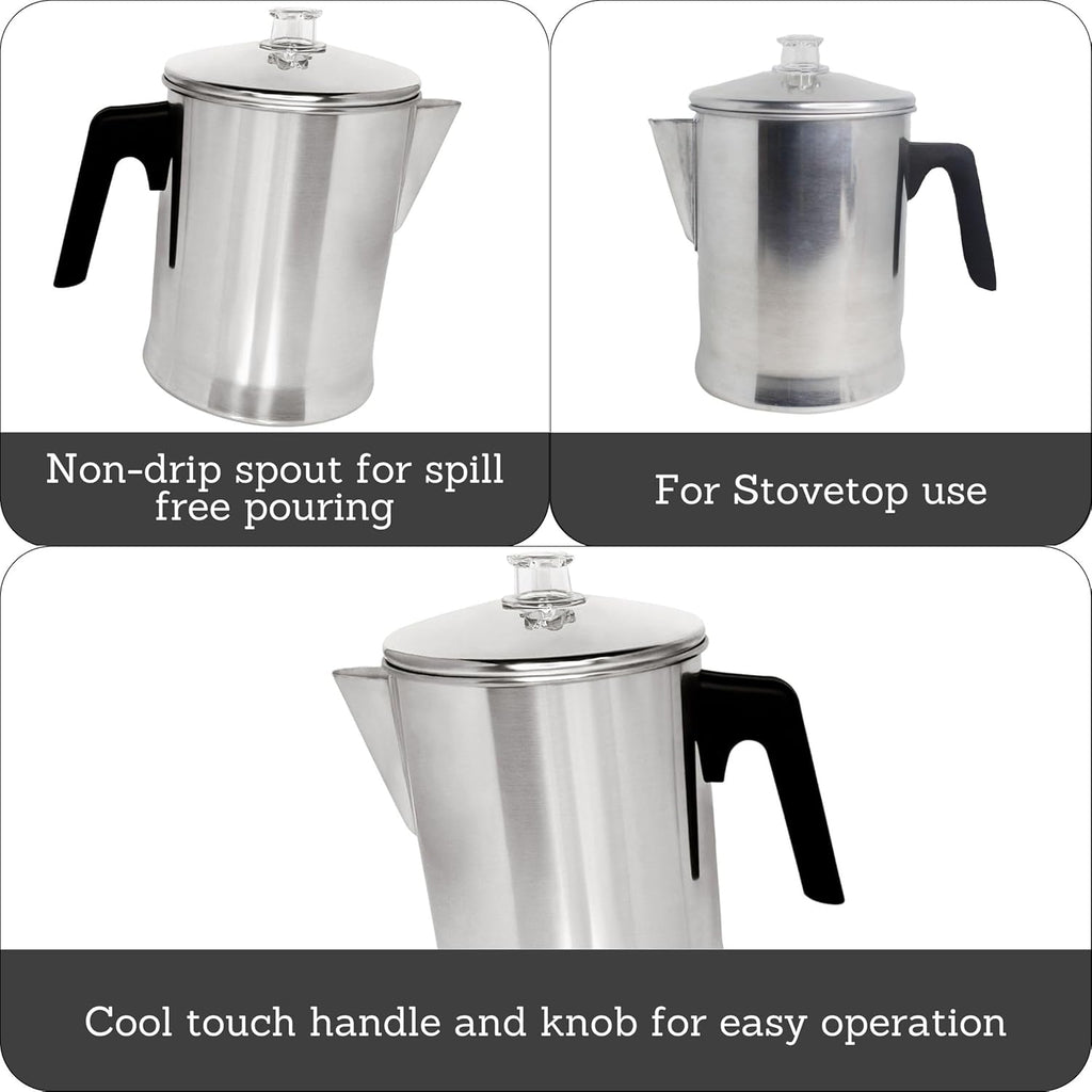 Mirro 9 Cup Aluminum Coffee Percolator for Indoor and Outdoor Use, Silver I981896