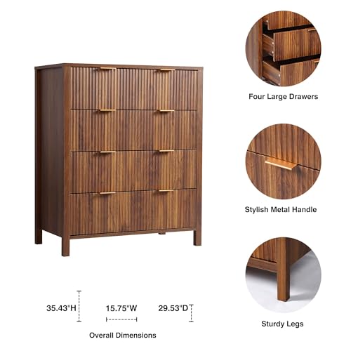 Fluted 5 Drawers Dresser for Bedroom, Wooden Tall Storage, Walnut L1075
