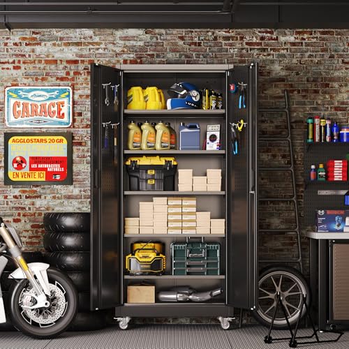 Aobabo 73''H Metal Garage Storage Cabinet with Wheels, Black S572804