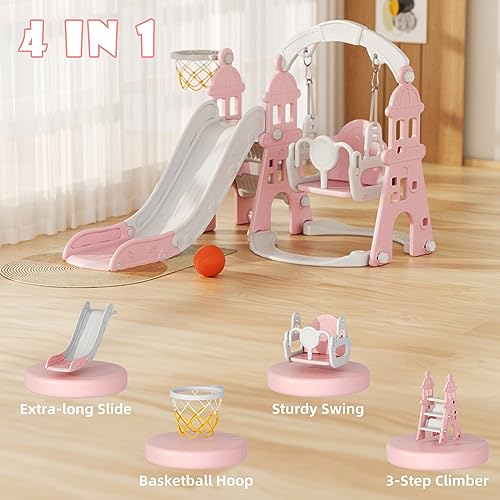 67i Toddler Swing and Slide Set 5 in 1 Indoor Playset with Basketball Frame (Pink) J1947