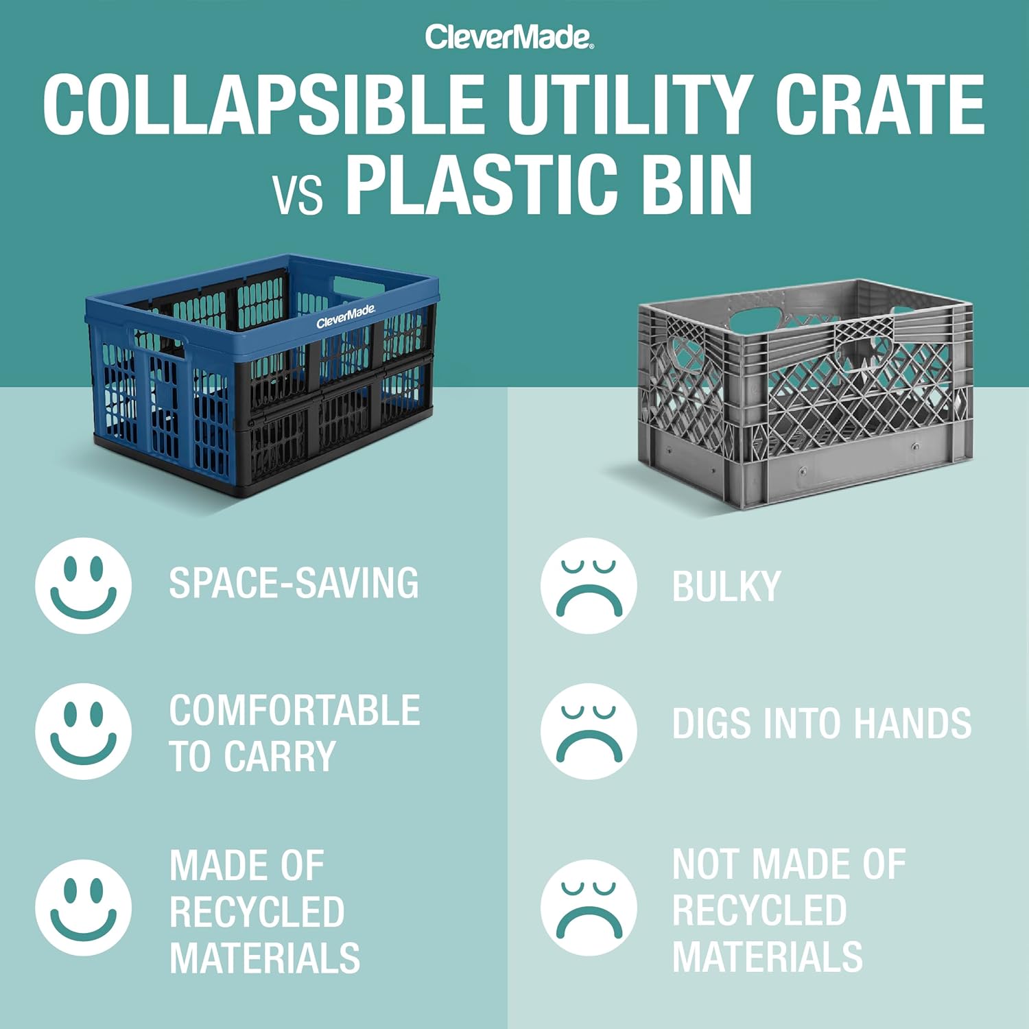 CleverMade Collapsible Utility Crate, Stone, 3PK - 45L Stackable Storage Bins P330
