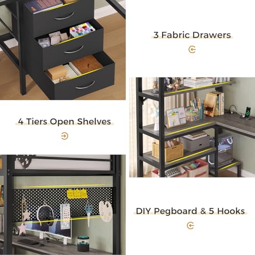 ADORNEVE Twin Size Metal Loft Bed with L-Shaped Desk, LED Lights, Charging Station S614727