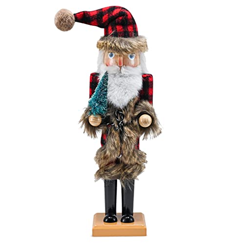 Ornativity Christmas Nostalgic Santa Nutcracker – Red and Black Wooden Nut Cracker Santa Clause Man with Buffalo Brown Fur Plaid Coat Holding a Xmas Tree Themed Holiday Doll Figure Decorations 15"