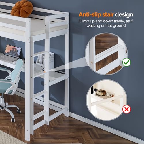 VINGLI Twin Loft Bed with L-Shaped Desk, 3 Storage Drawers, Solid Wood, White W24917